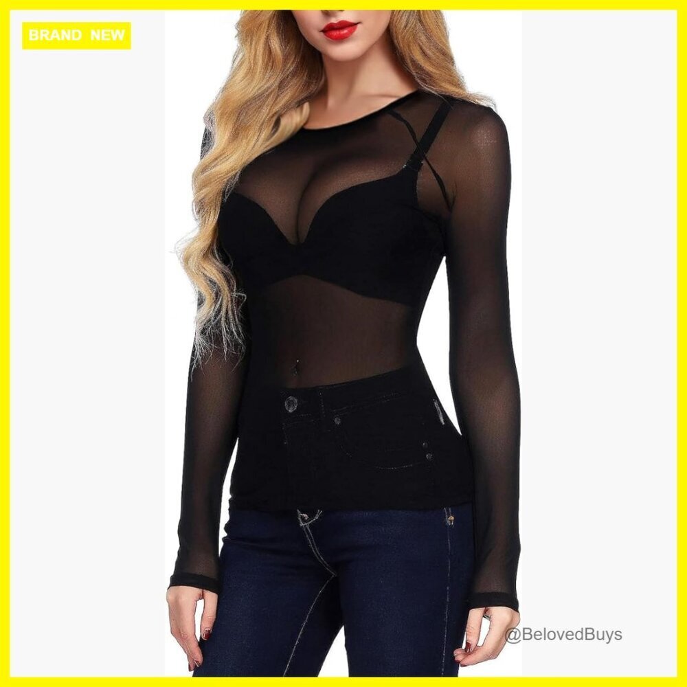 Sheer Mesh Fishnet Top Long Sleeve Plus Size Stretch Blouse